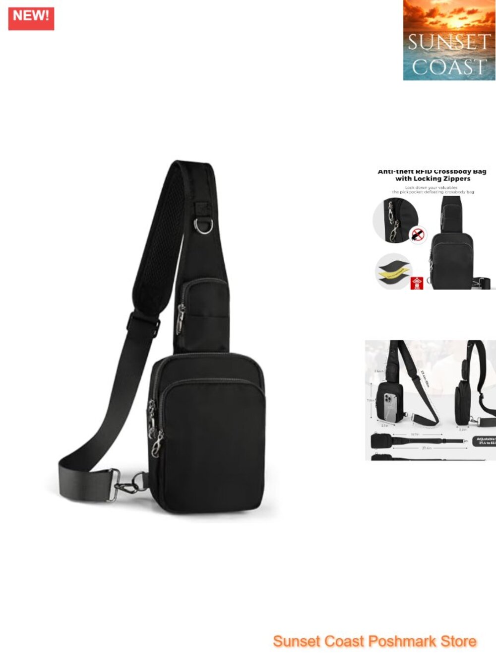 RFID Blocking Water Resistant Nylon Sling Bag with Anti-Theft Zipper Lock
